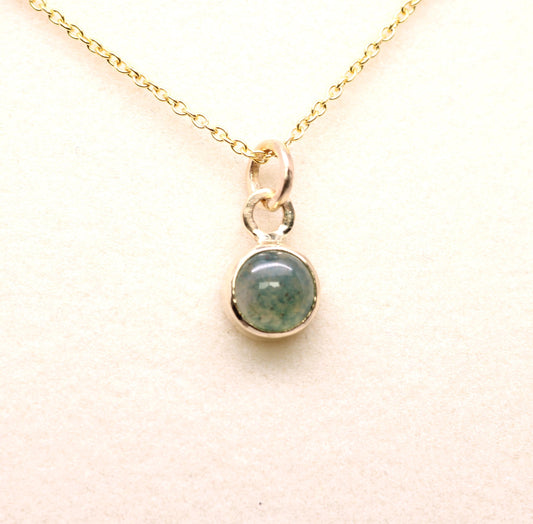 14K Gold Green Moss Agate Pendant Necklace, Birthstone Accent, Optional Chain