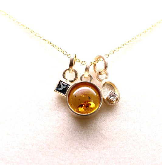 14K Solid Gold Amber Necklace/Custom Birthstone Accent/Optional Gold Chain/Personalized Jewelry Gift