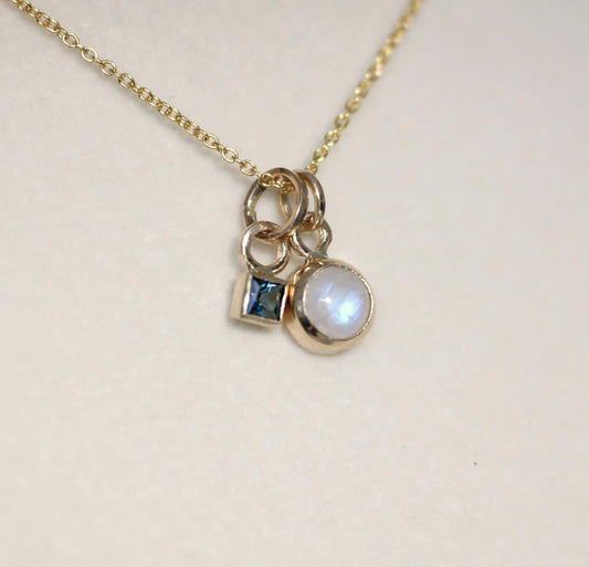 14K Solid Gold Rainbow Moonstone Necklace/Birthstone Accent/Optional Gold Chain/Personalized Jewelry