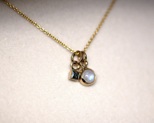 14K Solid Gold Rainbow Moonstone Necklace/Birthstone Accent/Optional Gold Chain/Personalized Jewelry