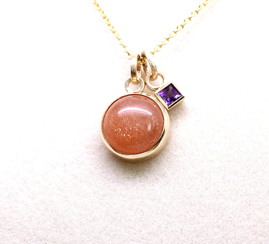 14K Solid Gold Sunstone Necklace/Custom Birthstone Accent/Optional Gold Chain/Personalized Jewelry Gift