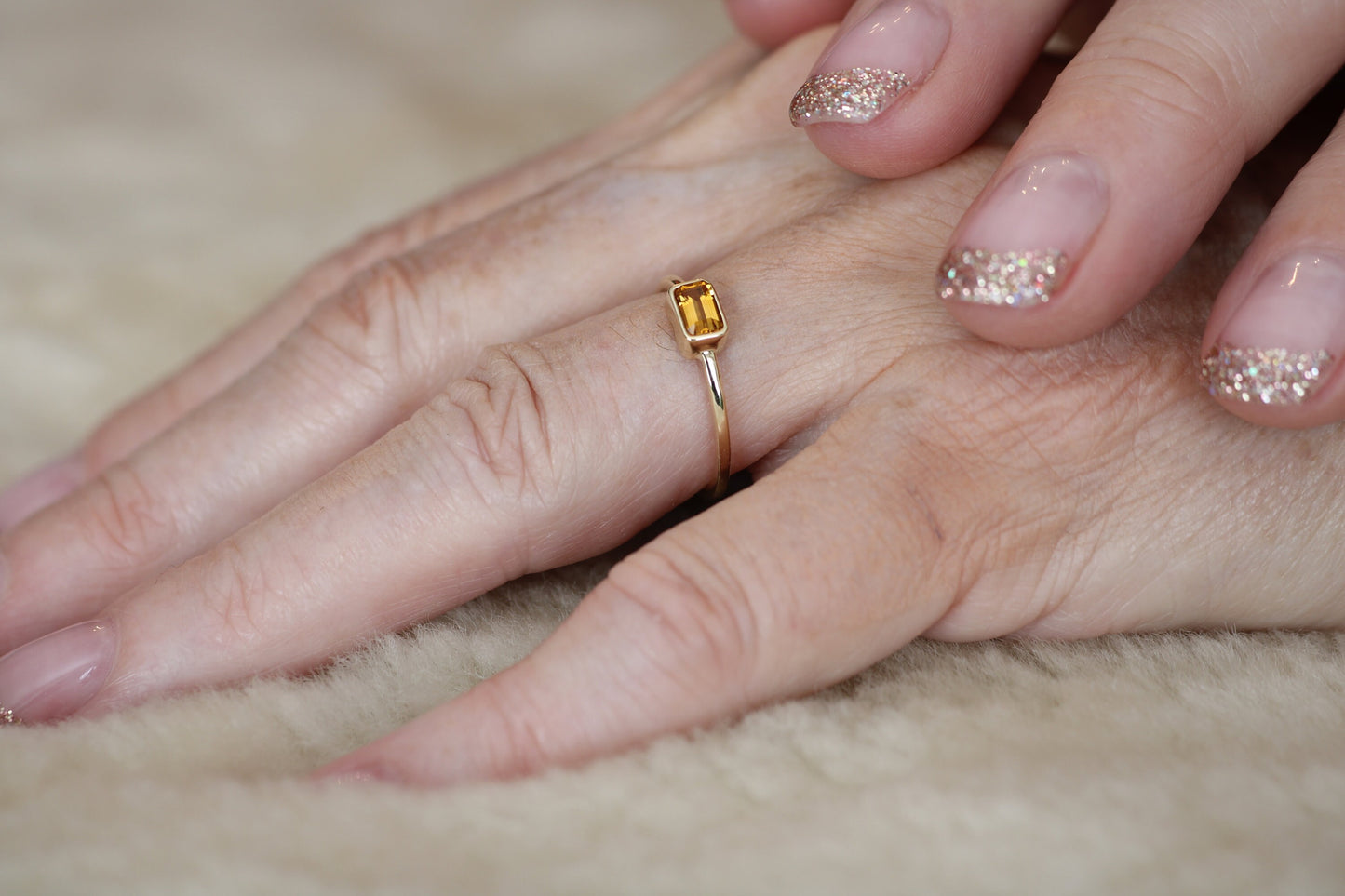 14k Gold Citrine Ring: Emerald Cut November Birthstone