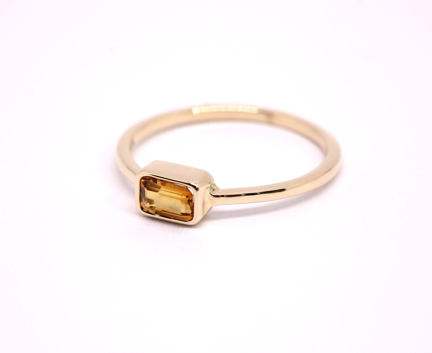 14k Gold Citrine Ring: Emerald Cut November Birthstone
