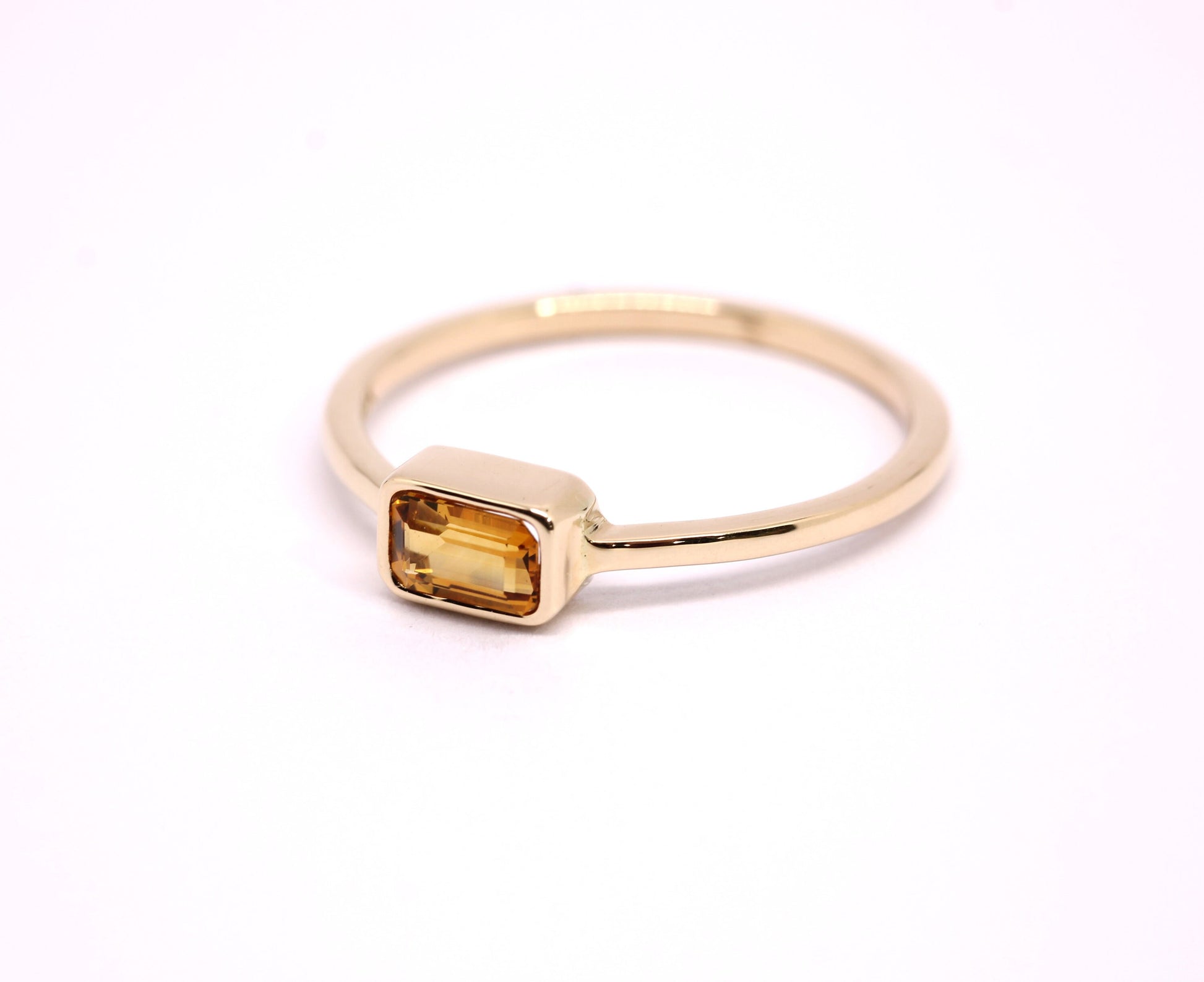 14k Gold Citrine Ring: Emerald Cut November Birthstone