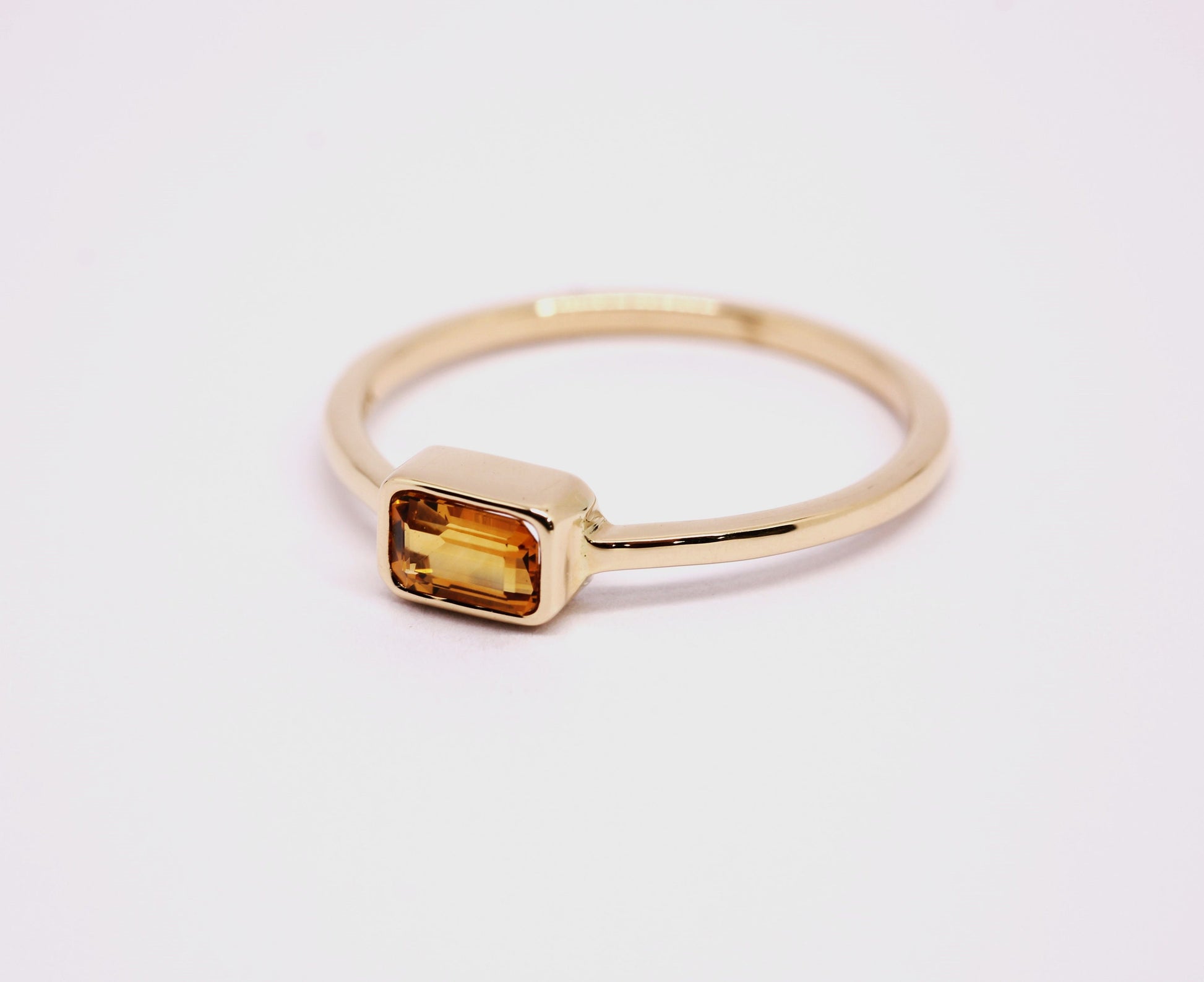 14k Gold Citrine Ring: Emerald Cut November Birthstone