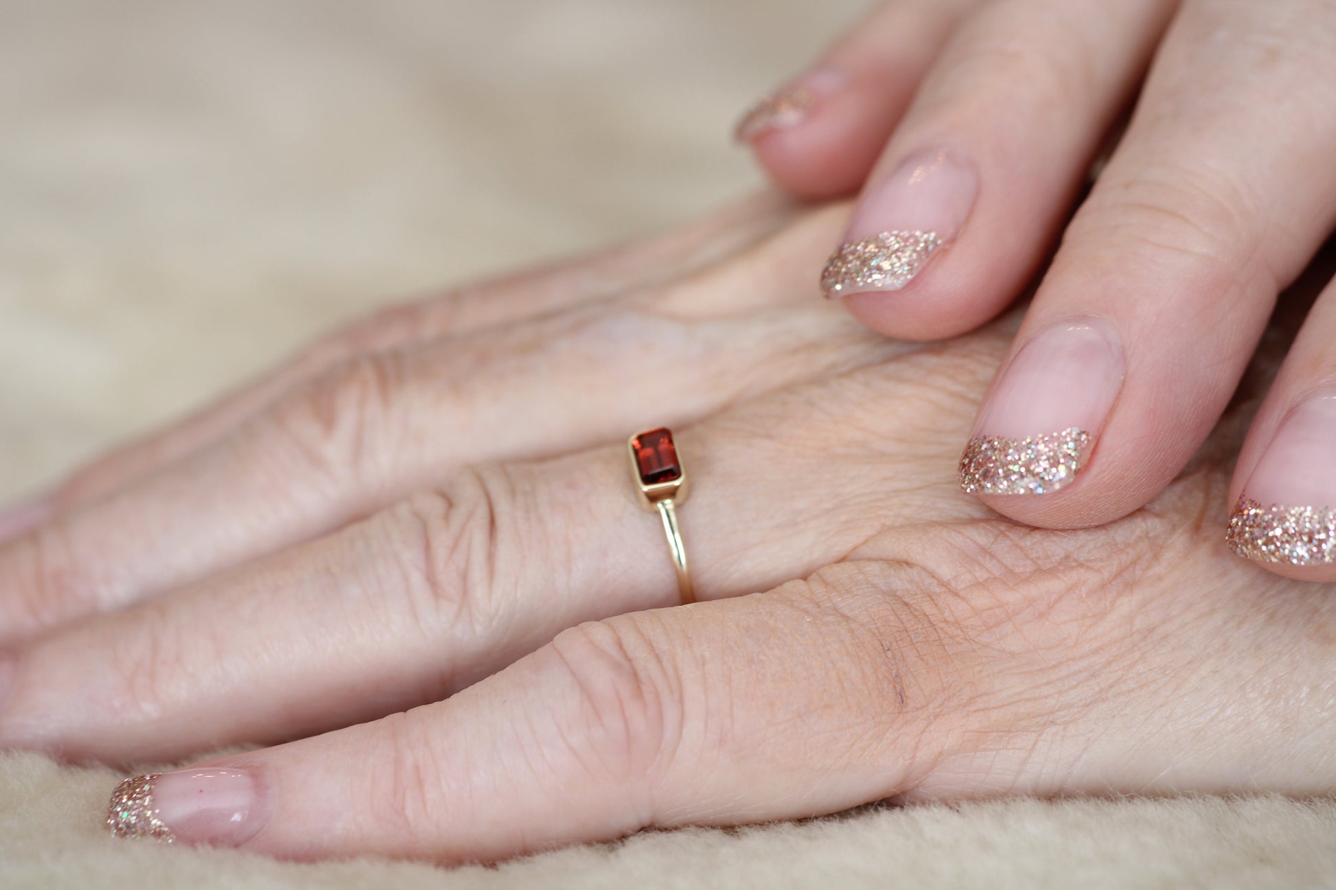 14k Gold Garnet Ring: Emerald Cut January Birthstone