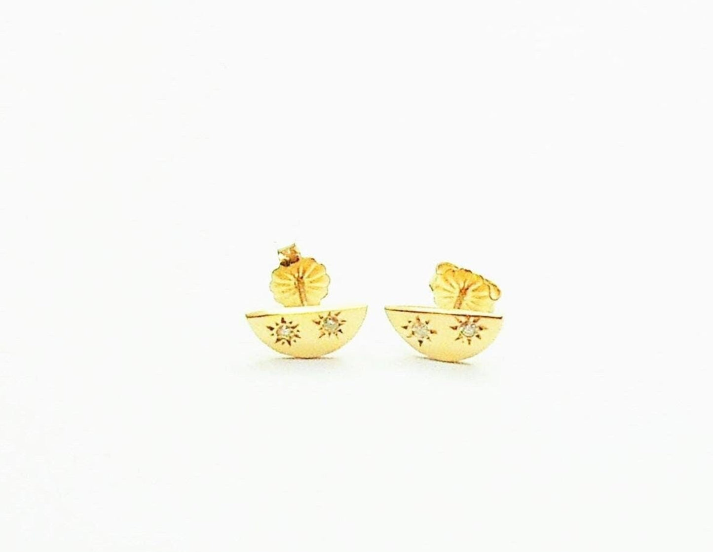 14k Gold Half Moon Diamond Stud Earrings