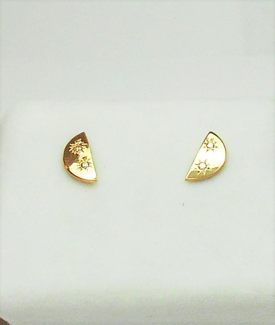 14k Gold Half Moon Diamond Stud Earrings