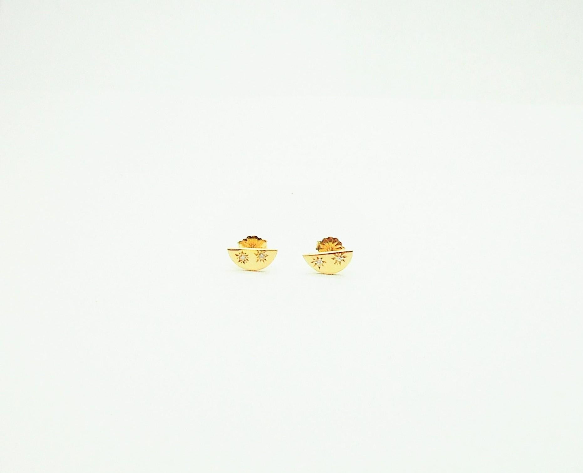 14k Gold Half Moon Diamond Stud Earrings