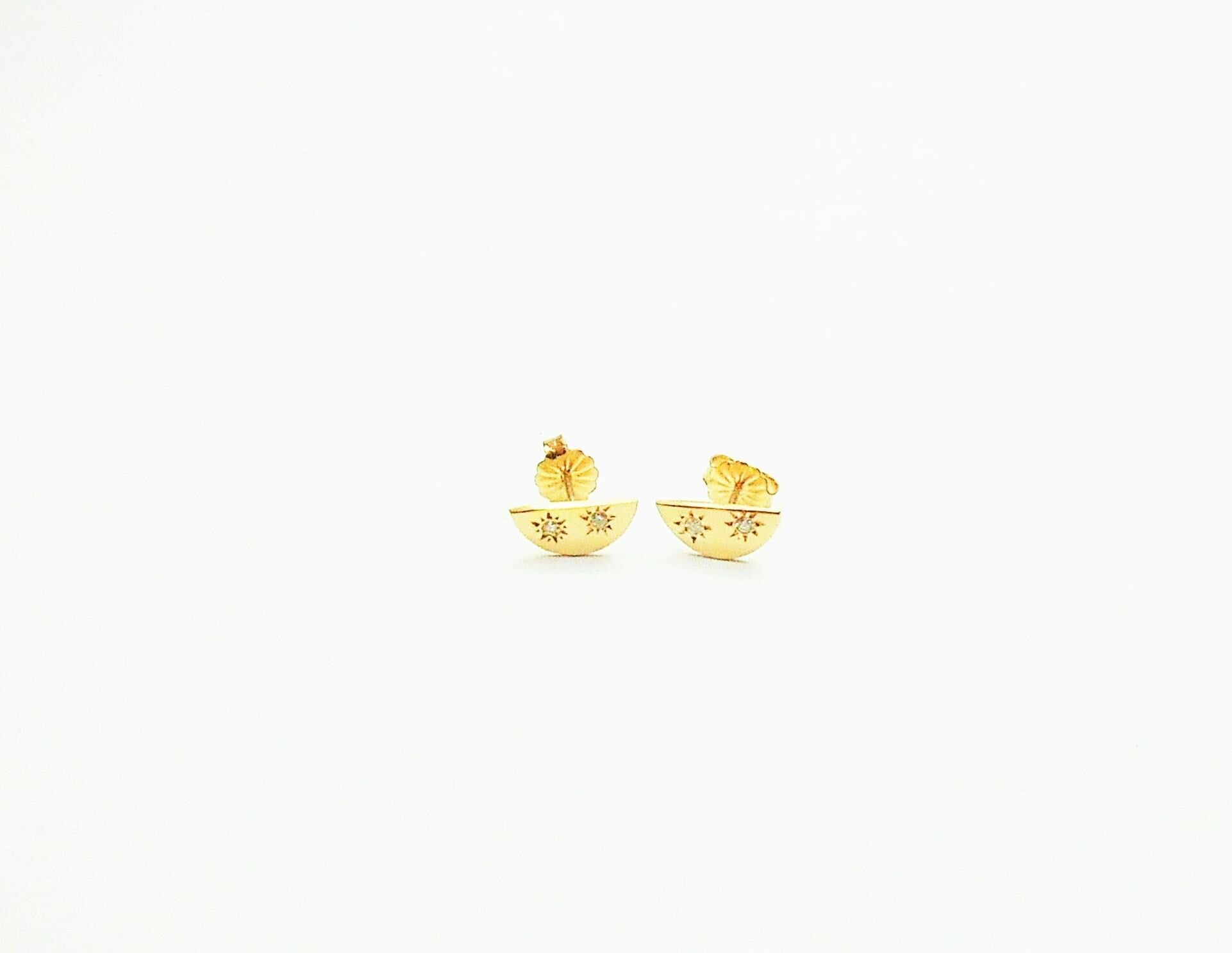 14k Gold Half Moon Diamond Stud Earrings