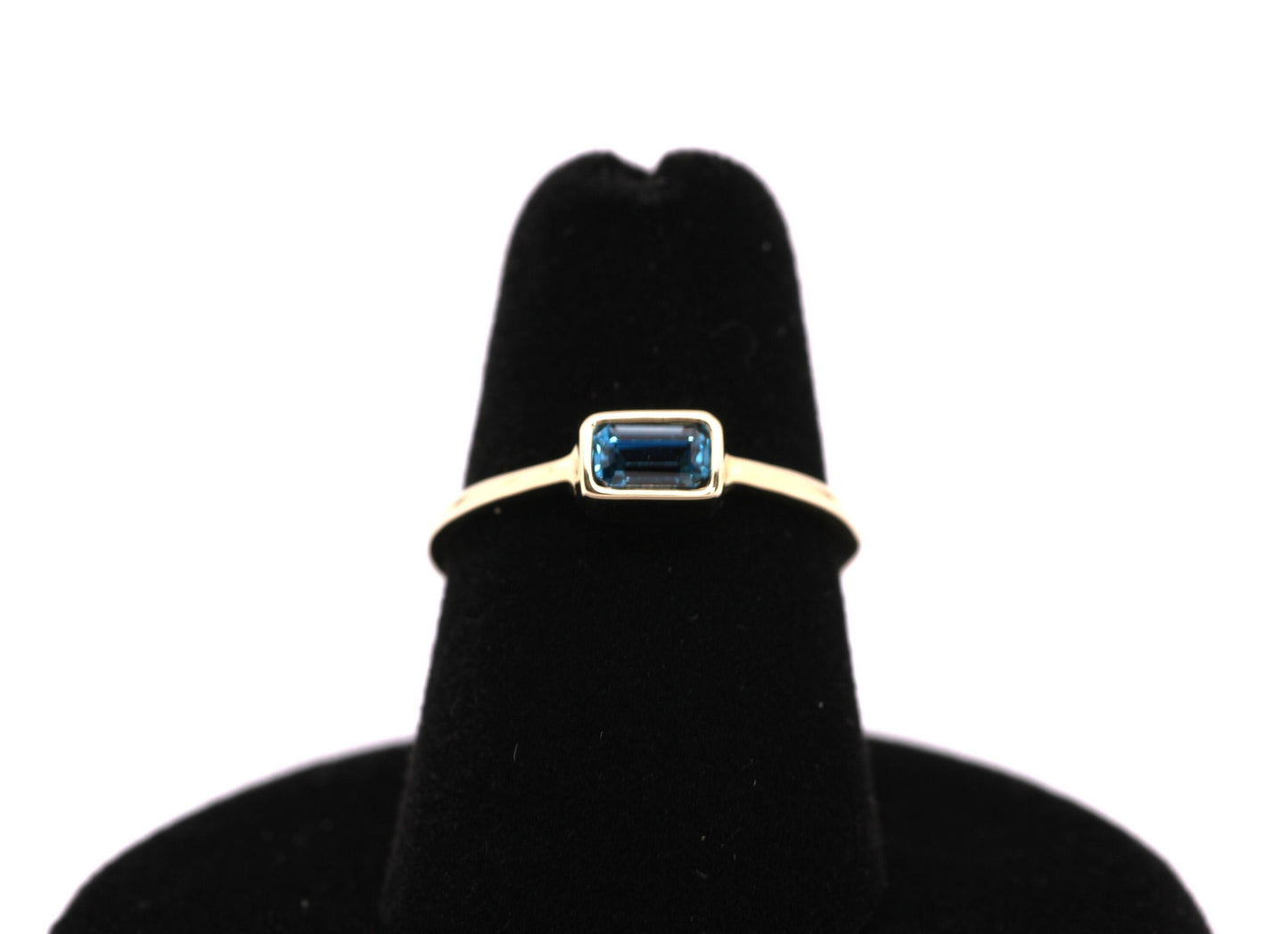 14k Gold London Blue Topaz Ring: Emerald Cut December Birthstone