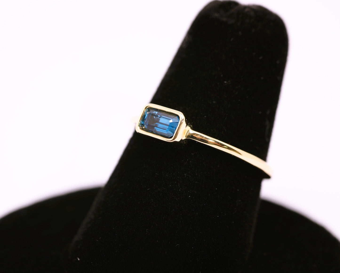 14k Gold London Blue Topaz Ring: Emerald Cut December Birthstone