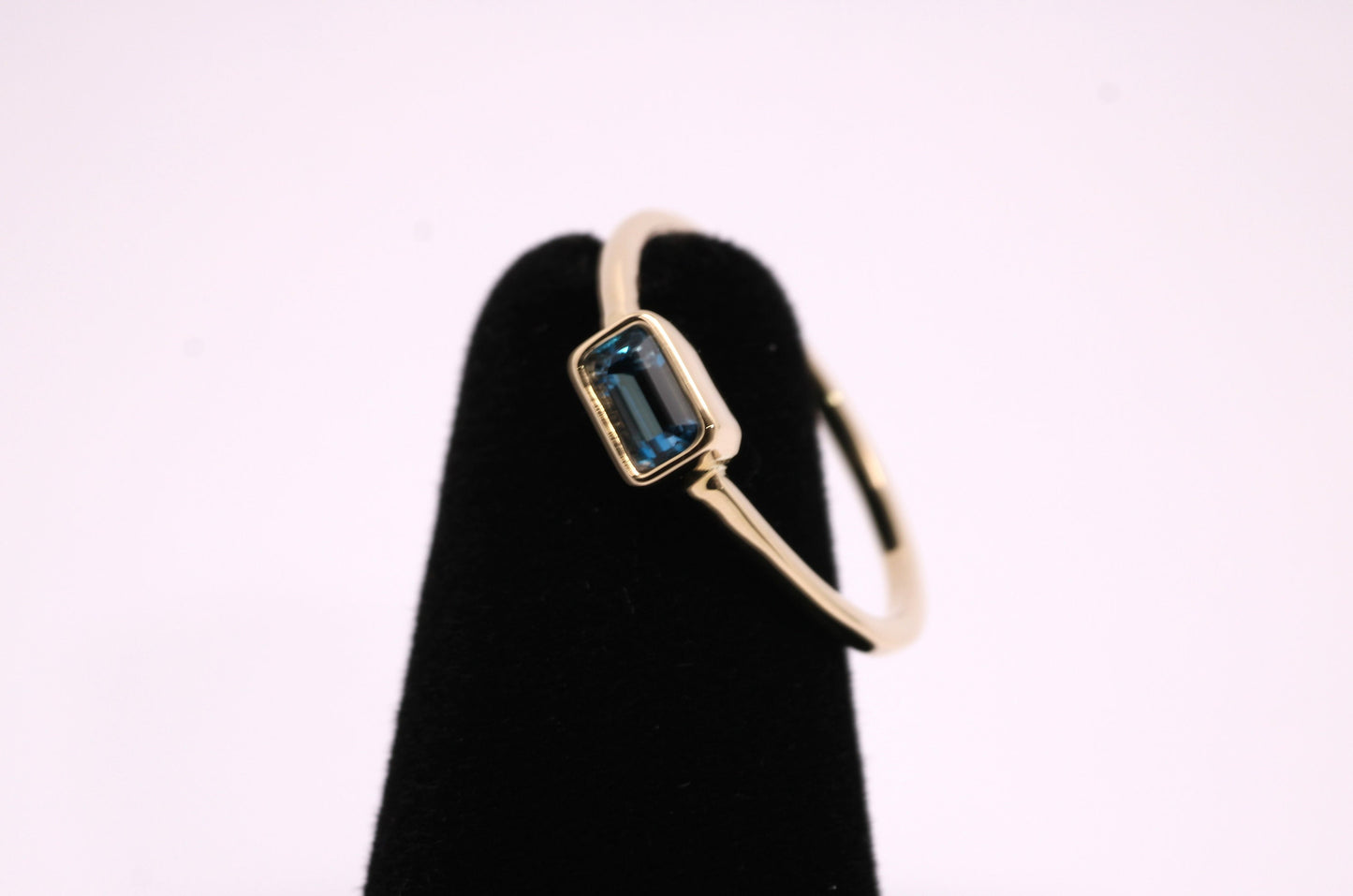 14k Gold London Blue Topaz Ring: Emerald Cut December Birthstone