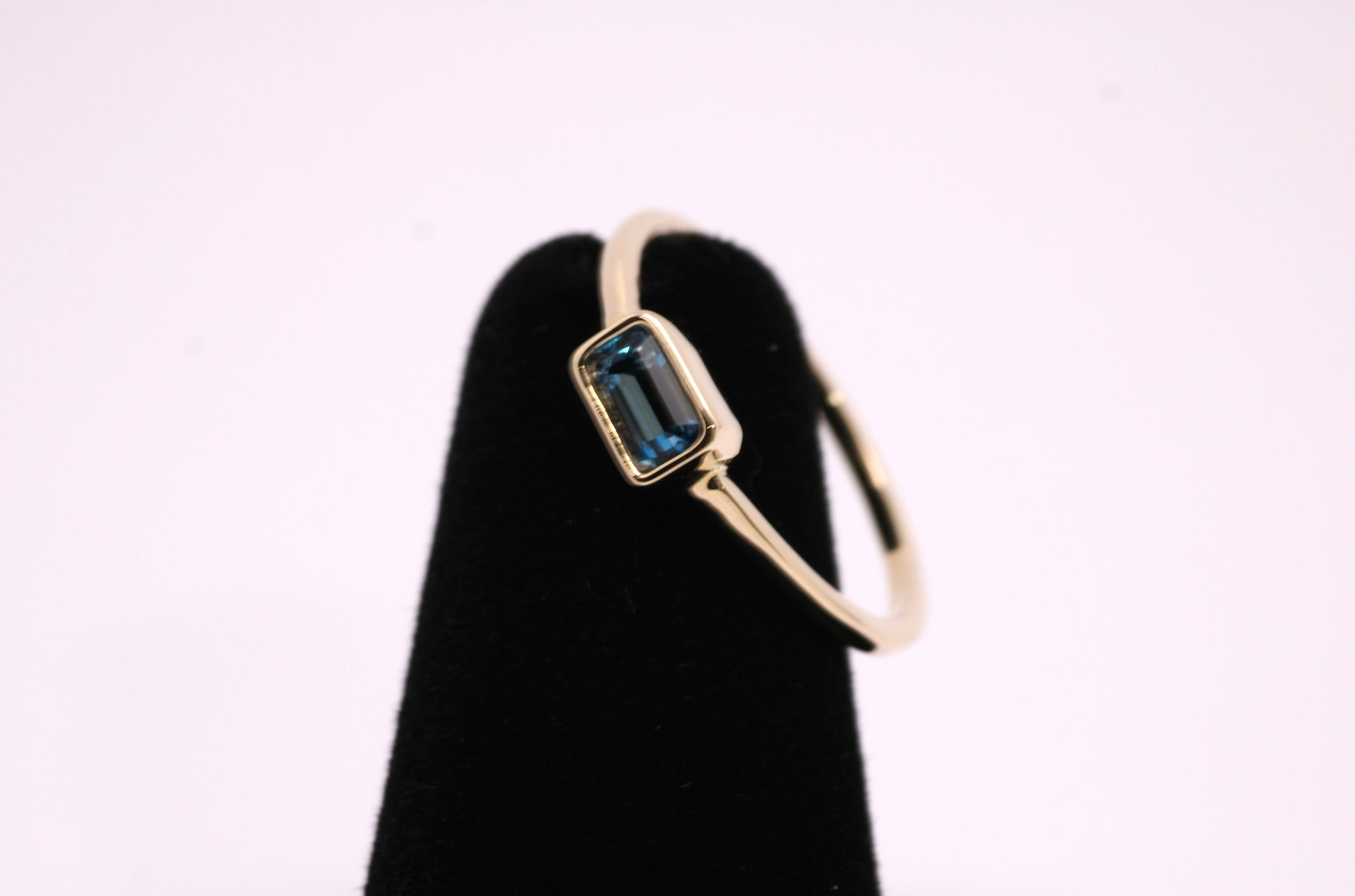14k Gold London Blue Topaz Ring: Emerald Cut December Birthstone