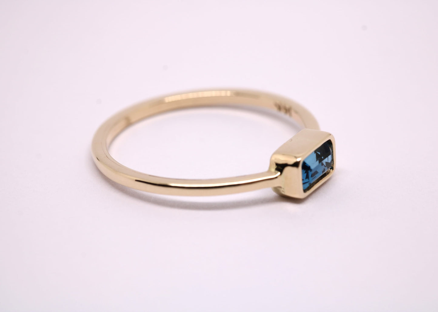 14k Gold London Blue Topaz Ring: Emerald Cut December Birthstone