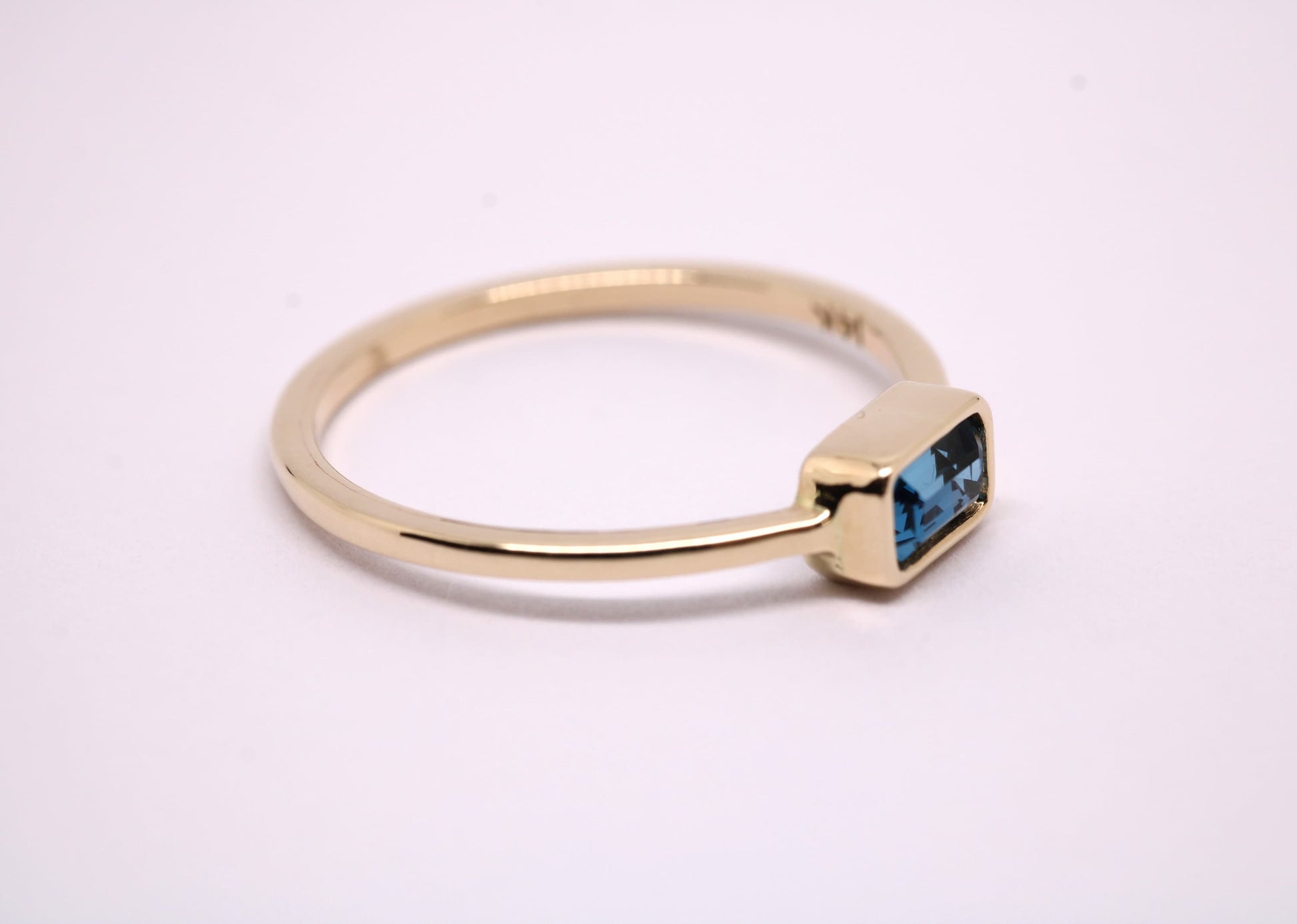 14k Gold London Blue Topaz Ring: Emerald Cut December Birthstone