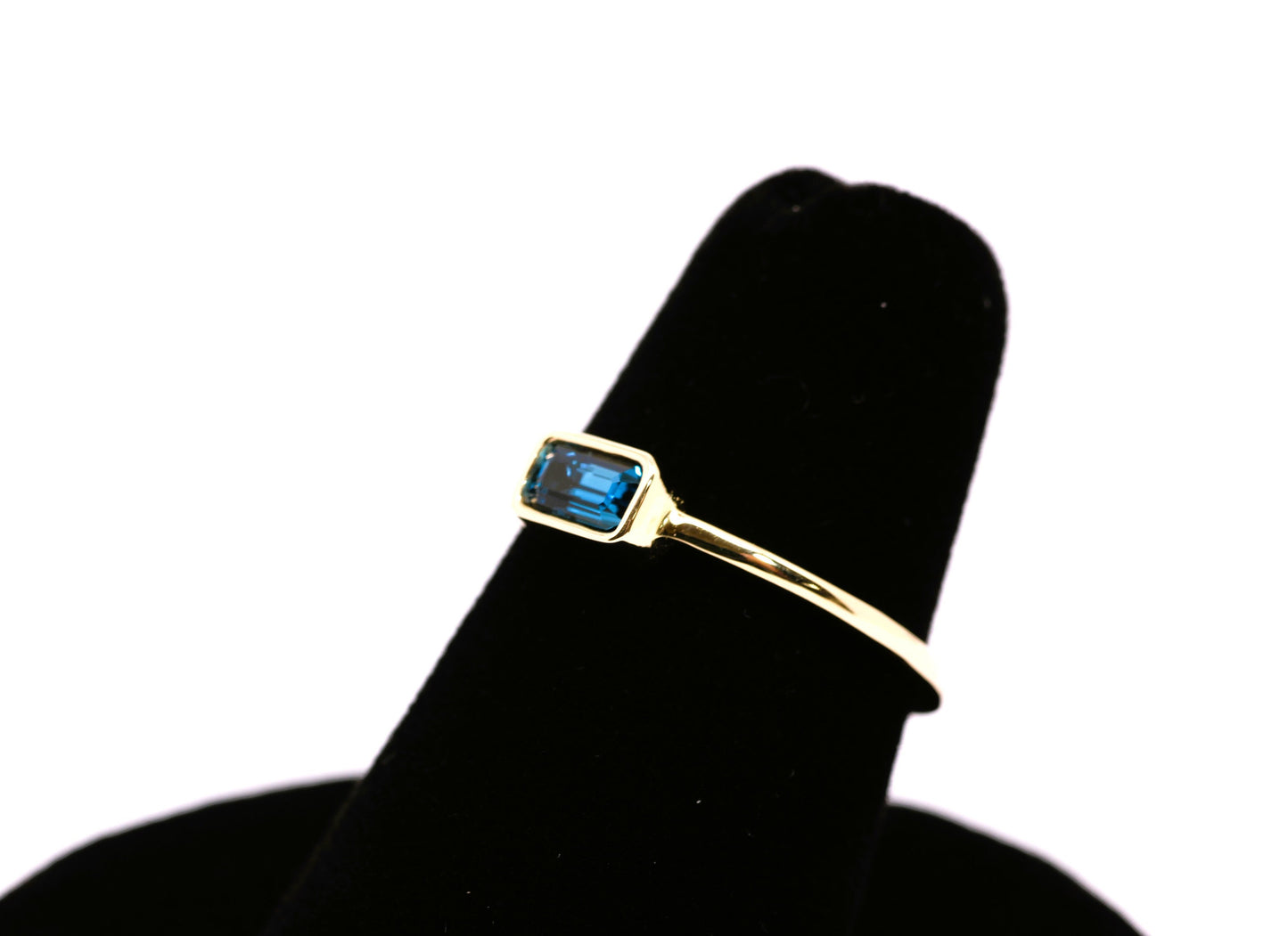 14k Gold London Blue Topaz Ring: Emerald Cut December Birthstone