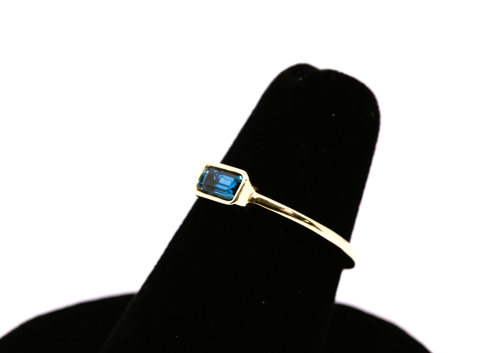 14k Gold London Blue Topaz Ring: Emerald Cut December Birthstone