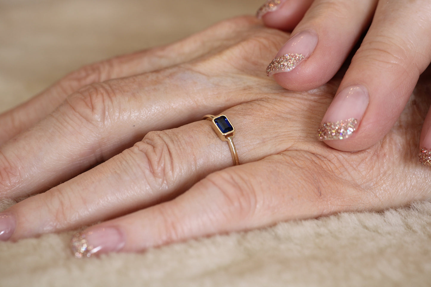 14k Gold London Blue Topaz Ring: Emerald Cut December Birthstone