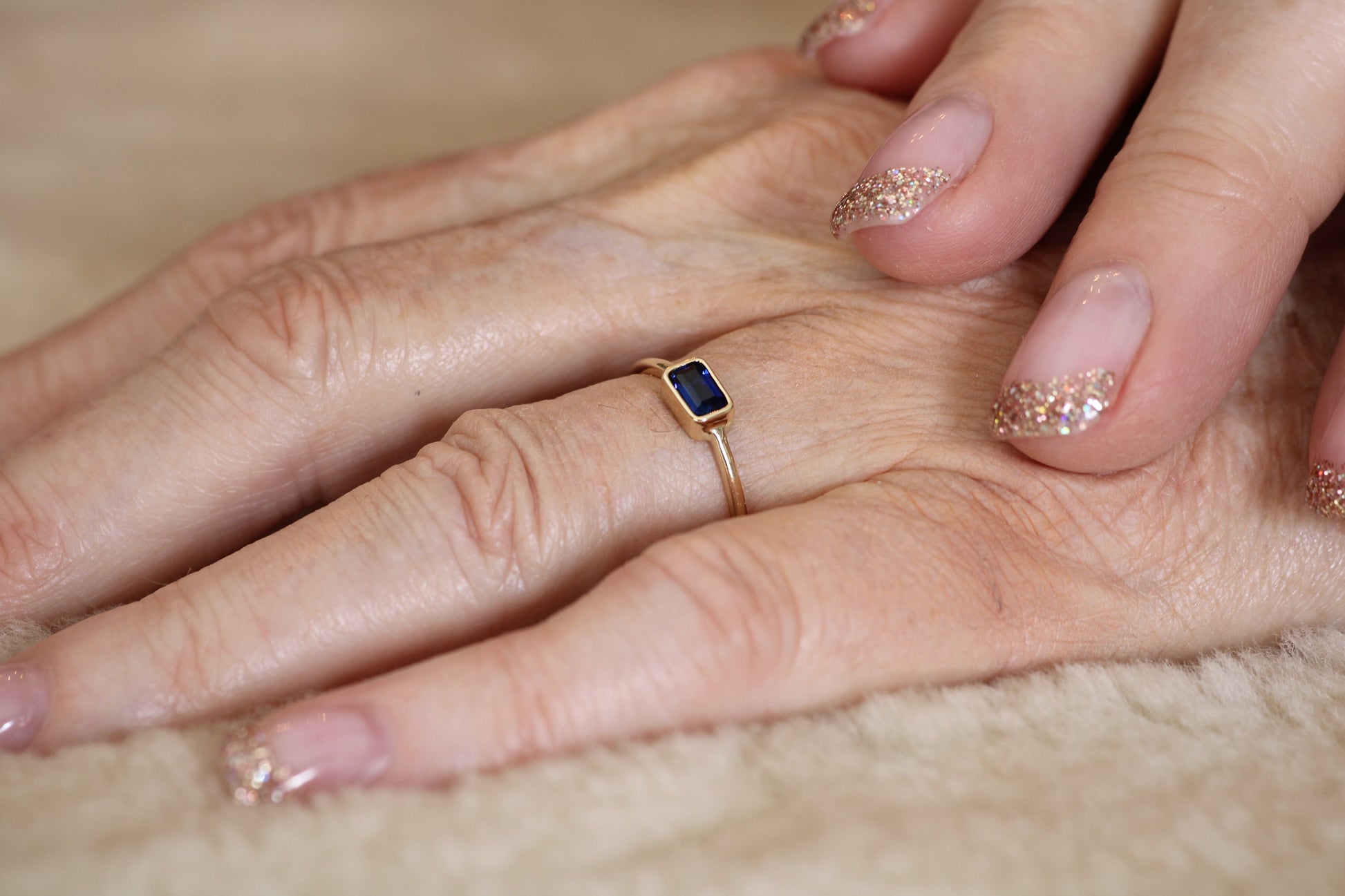 14k Gold London Blue Topaz Ring: Emerald Cut December Birthstone