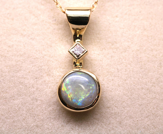 14k Gold Opal Diamond Pendant: Art Deco October Birthstone Necklace