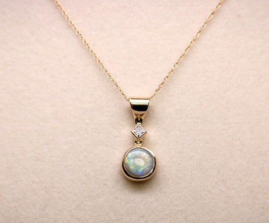 14k Gold Opal Diamond Pendant: Art Deco October Birthstone Necklace