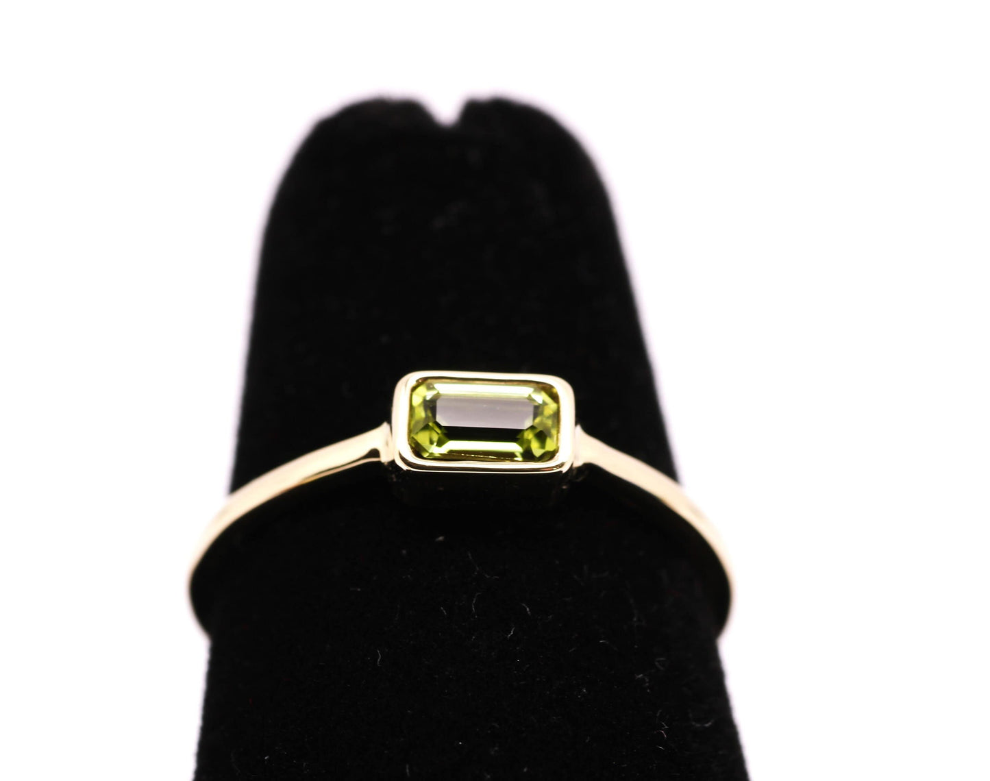 14k Gold Peridot Ring: Emerald Cut August Birthstone