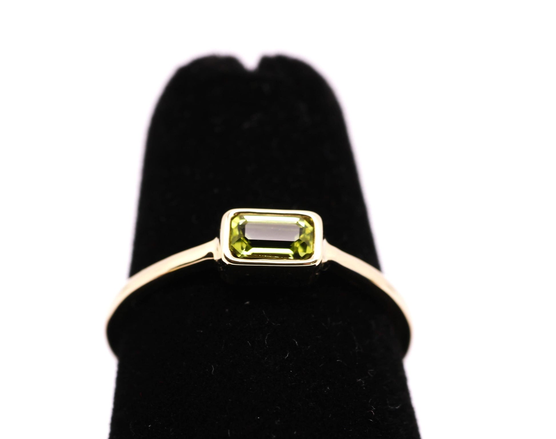 14k Gold Peridot Ring: Emerald Cut August Birthstone