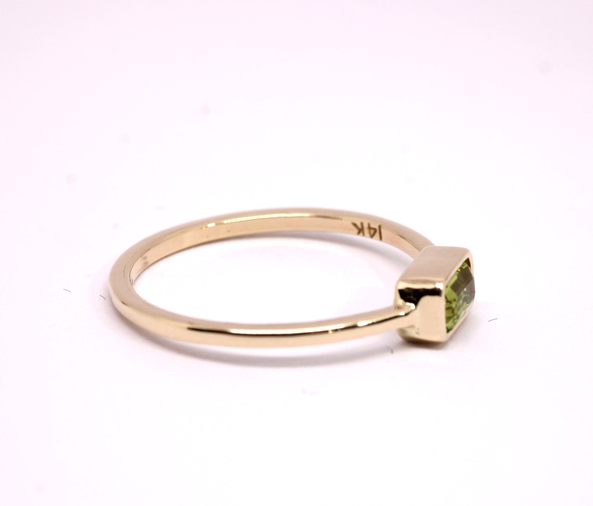 14k Gold Peridot Ring: Emerald Cut August Birthstone