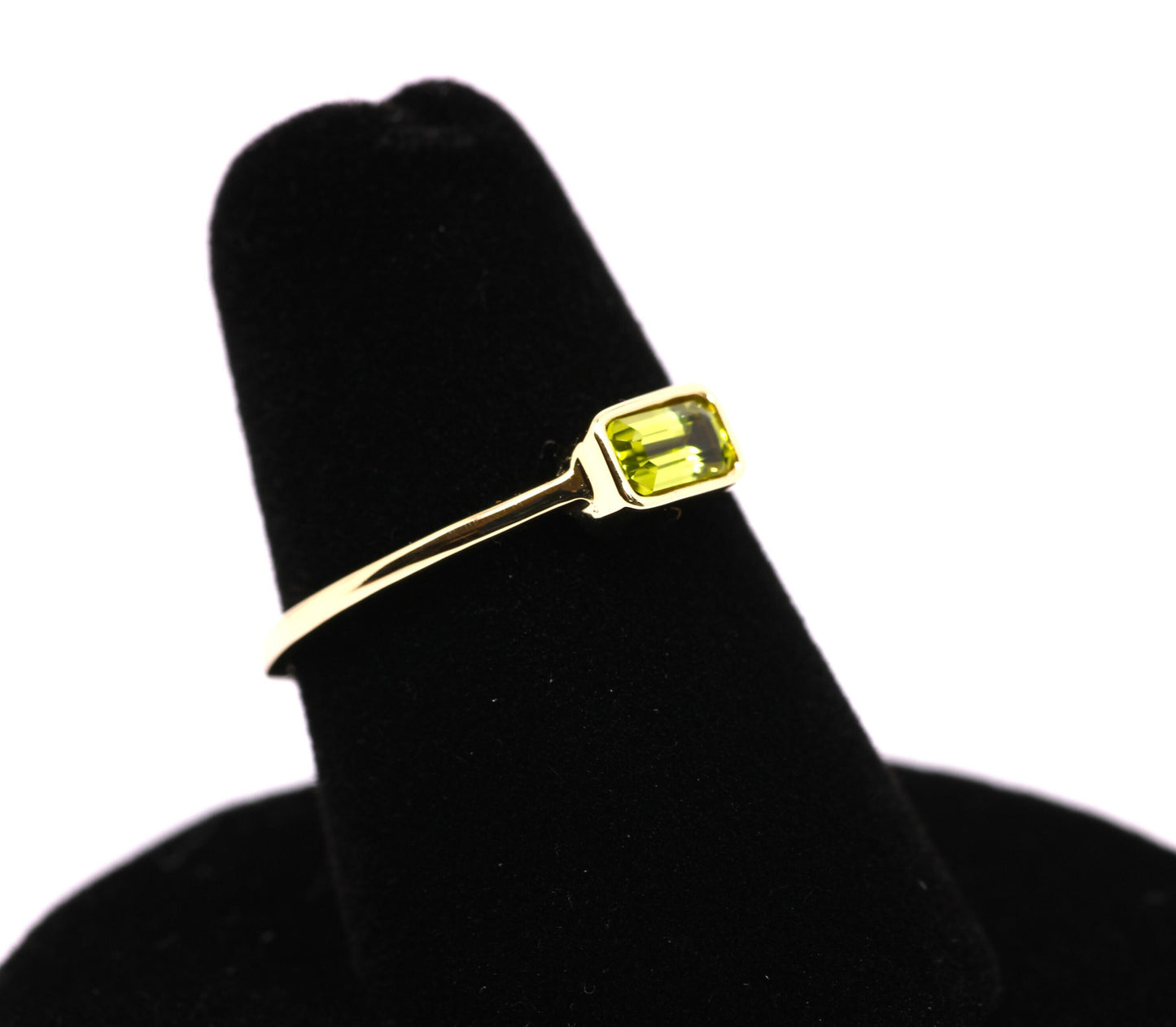 14k Gold Peridot Ring: Emerald Cut August Birthstone