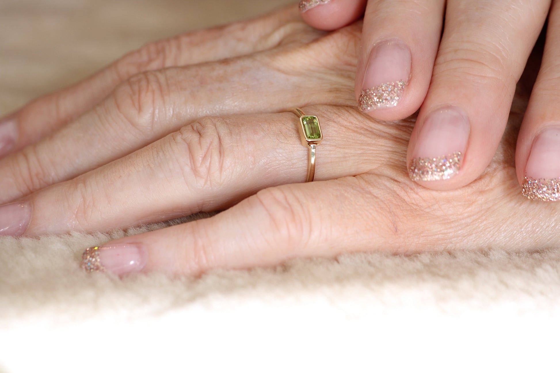 14k Gold Peridot Ring: Emerald Cut August Birthstone