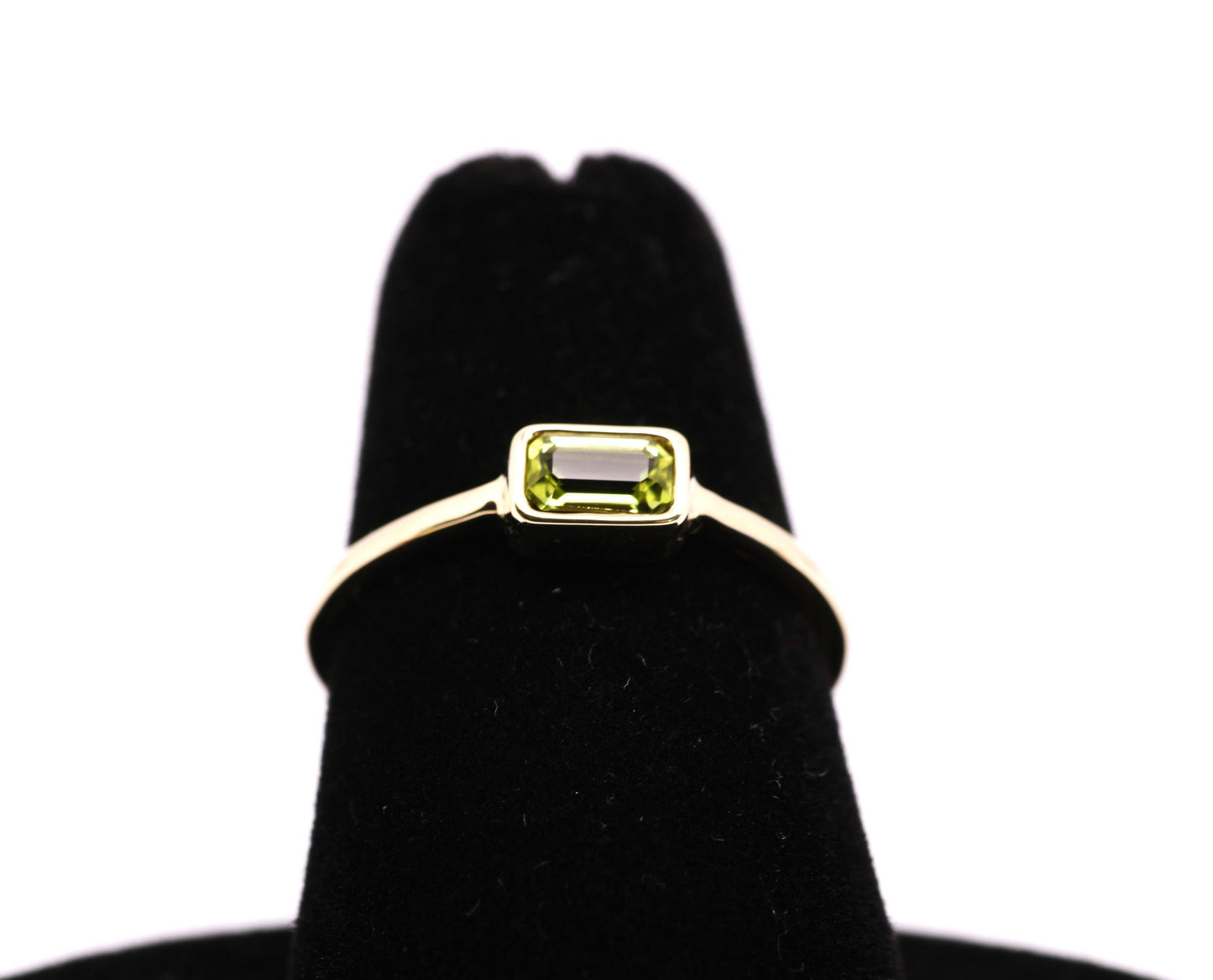 14k Gold Peridot Ring: Emerald Cut August Birthstone