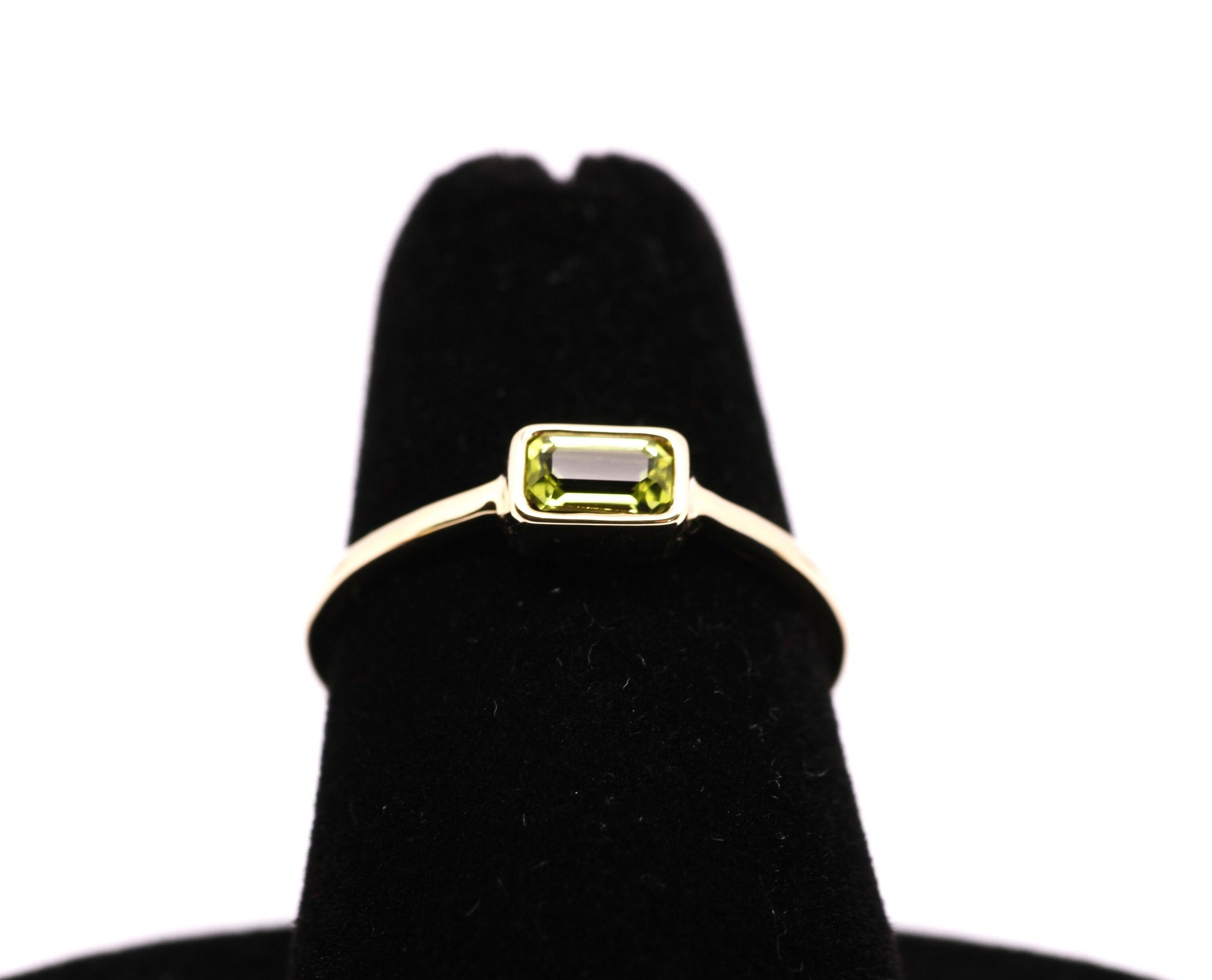 14k Gold Peridot Ring: Emerald Cut August Birthstone