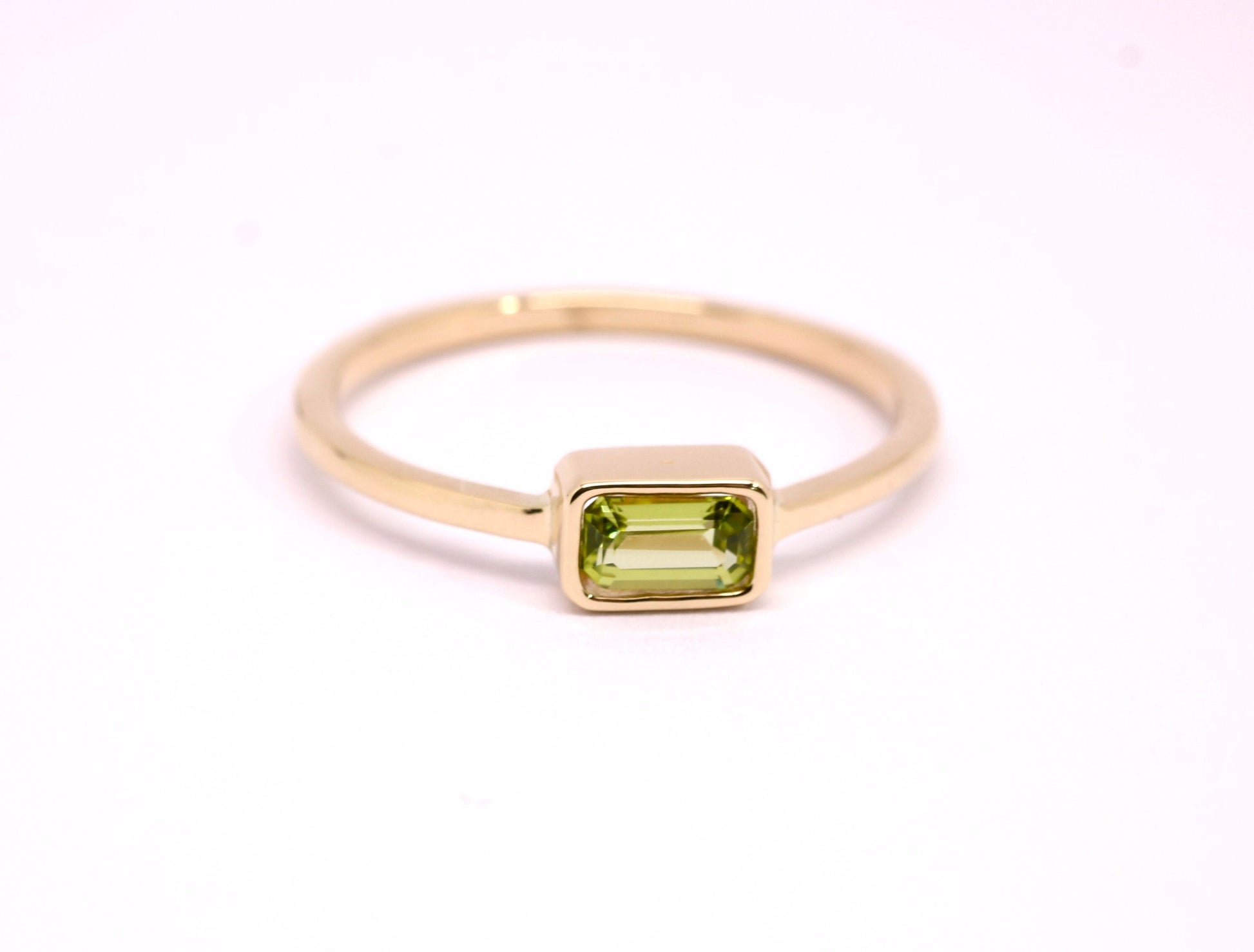 14k Gold Peridot Ring: Emerald Cut August Birthstone