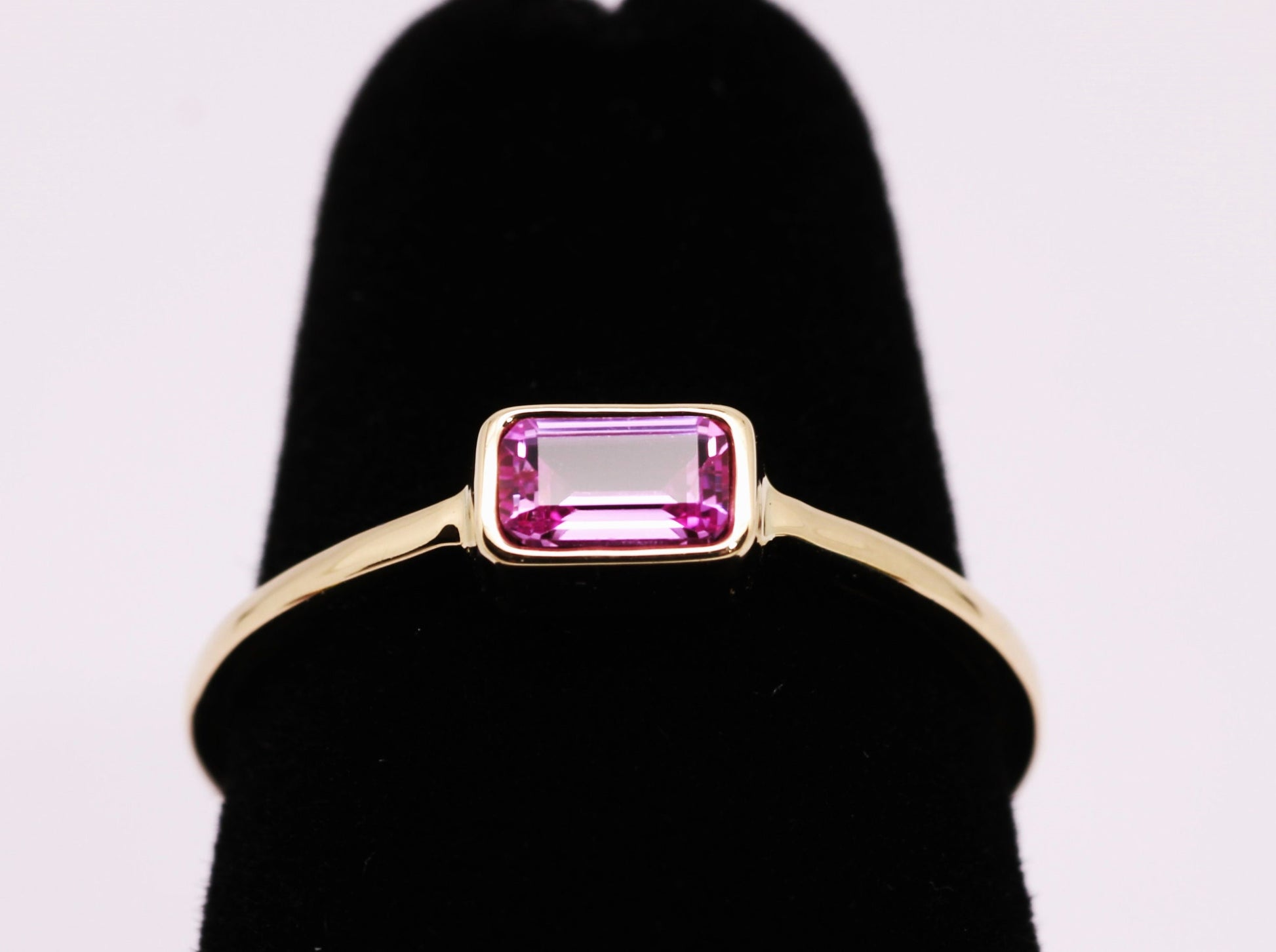 14k Gold Pink Sapphire Ring: Emerald Cut October Birthstone