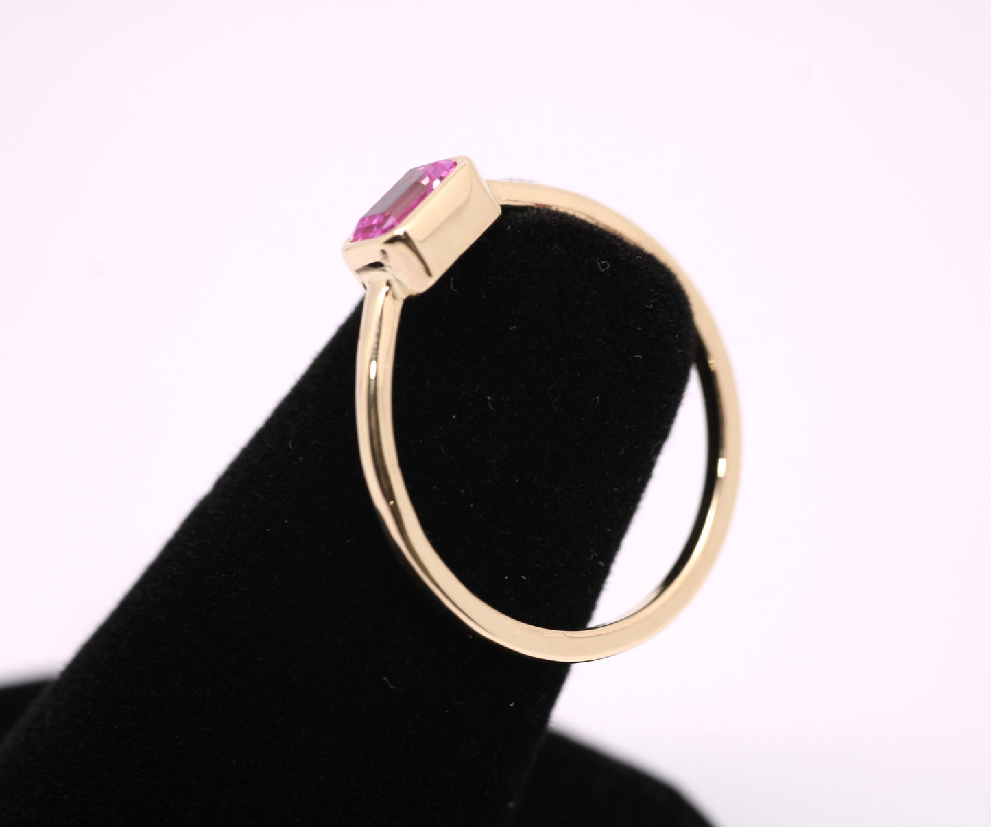 14k Gold Pink Sapphire Ring: Emerald Cut October Birthstone