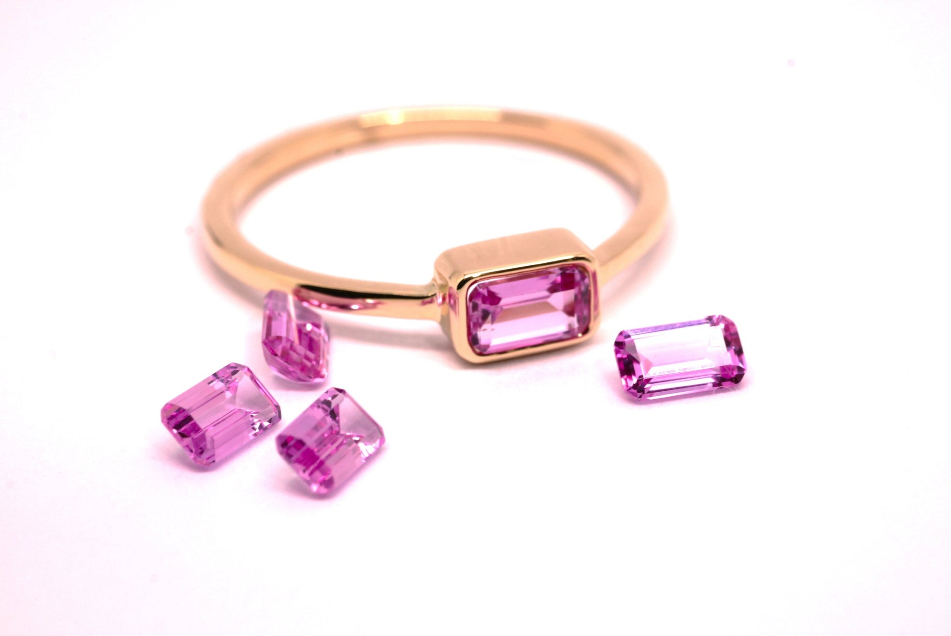 14k Gold Pink Sapphire Ring: Emerald Cut October Birthstone