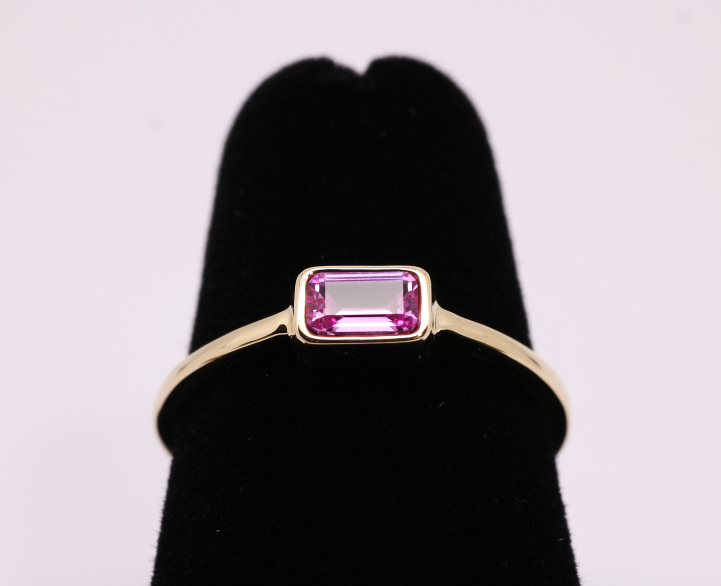 14k Gold Pink Sapphire Ring: Emerald Cut October Birthstone