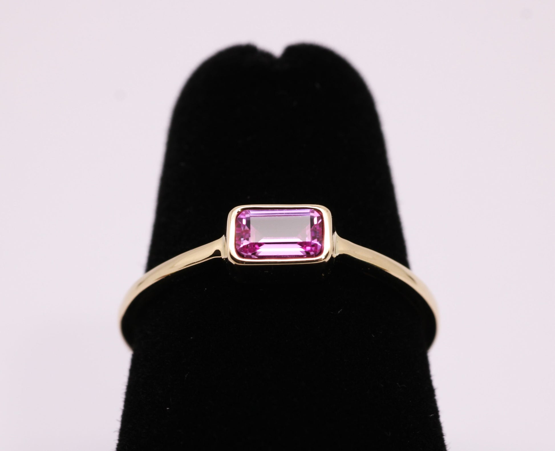14k Gold Pink Sapphire Ring: Emerald Cut October Birthstone