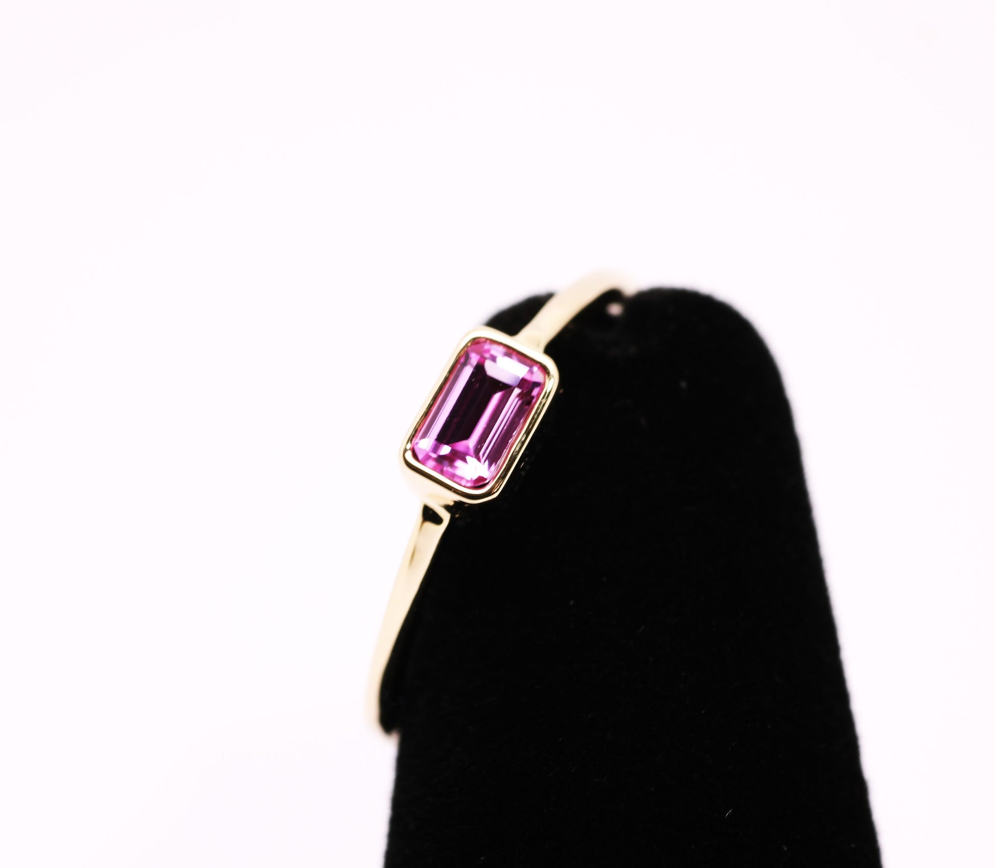 14k Gold Pink Sapphire Ring: Emerald Cut October Birthstone