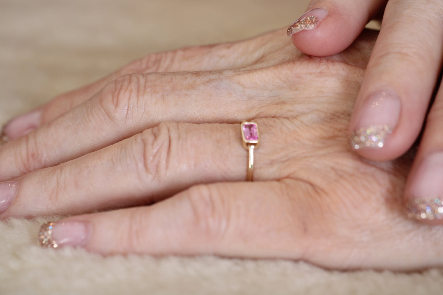 14k Gold Pink Sapphire Ring: Emerald Cut October Birthstone