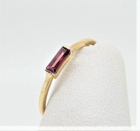 14k Gold Rhodolite Garnet Ring: January Birthstone Baguette