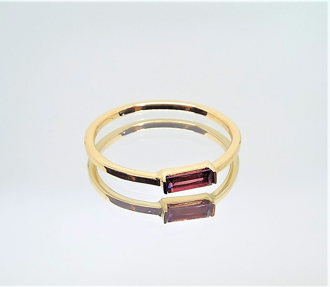 14k Gold Rhodolite Garnet Ring: January Birthstone Baguette