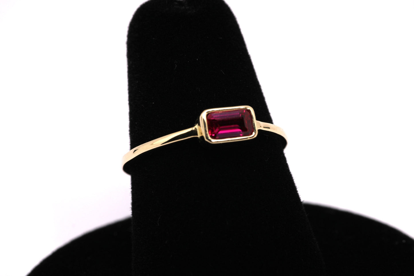14k Gold Ruby Ring: Emerald Cut July Birthstone Stacking Ring