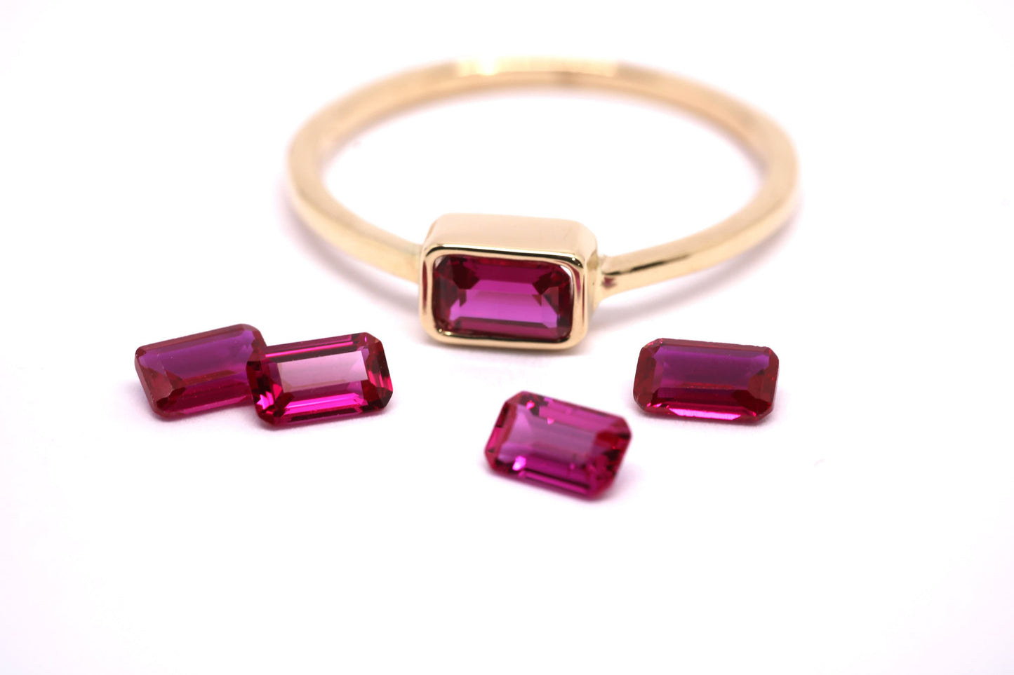 14k Gold Ruby Ring: Emerald Cut July Birthstone Stacking Ring