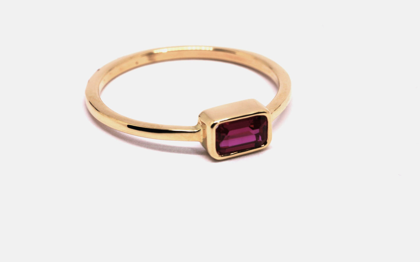 14k Gold Ruby Ring: Emerald Cut July Birthstone Stacking Ring