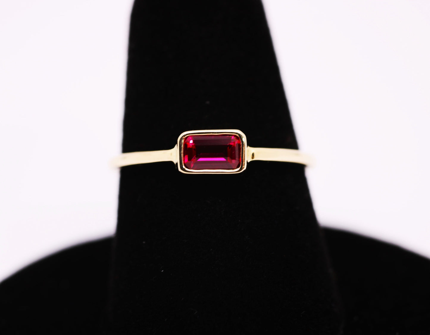 14k Gold Ruby Ring: Emerald Cut July Birthstone Stacking Ring