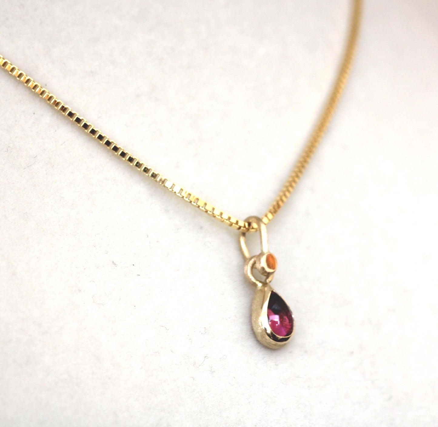 14K Solid Gold Tear Drop Rhodolite Garnet Necklace/Optional Gold Chain