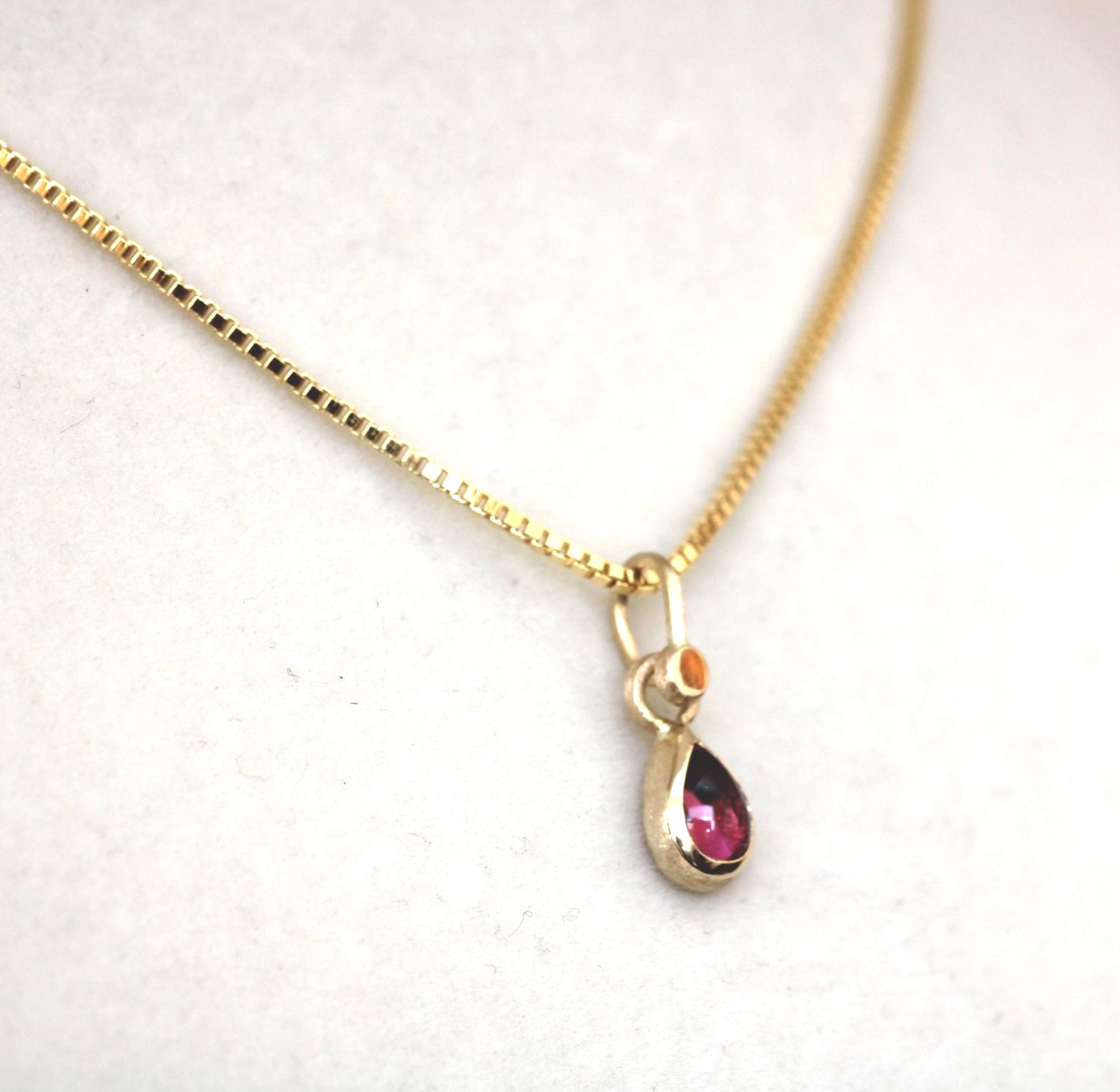 14K Solid Gold Tear Drop Rhodolite Garnet Necklace/Optional Gold Chain