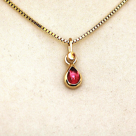 14K Solid Gold Tear Drop Rhodolite Garnet Necklace/Optional Gold Chain
